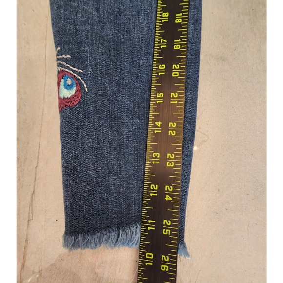 Free People Embroidered Bird Raw Hem Skinny Jeans Sz 28 Peacock Floral - Picture 10 of 15